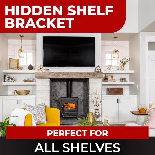 Set of 4 Floating Shelf Brackets Heavy Duty (1/4 inch Thick Baseplate) Painted Black Mild Steel/ Bracket for Hidden Wall Shelves Support Hardware Mount Kitchen/Nursery Decor (6 inch Rods)