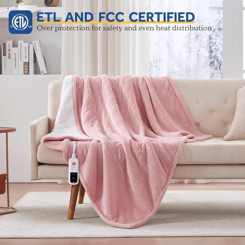 Sealy Electric Blanket Throw Size 50*60,Super Cozy Flannel to Sherpa Reversible Heated Blanket Throw with 6 Heating Levels & 2-10 Hours Auto Off Overheating Protection Machine Washable,Pink