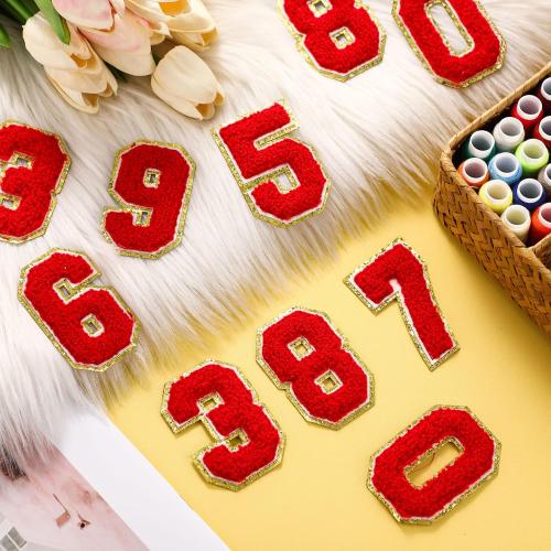 20 Pcs 3.15 in Chenille Iron on Numbers Embroidery Patches with Glitter Sequins Sew 0-9 Applique for Team Uniform Sports T-Shirt Football Jeans Bags Decors(Red)