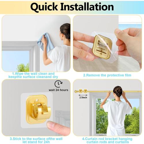 Set of 5 Size 48 to 84-96 Inch Curtain Rods No Drilling for Windows 48 to 84-96 Inch,Renter Friendly Drapey Pole with 5PCS No Drill Curtain Rod Brackets,Outdoor Long Cortineros Para Ventanas with Adhesive Curtain Rod Holder Gold