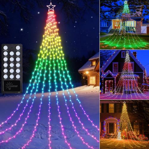 Joomer RGB Christmas Tree Star Lights, 16.4FT Height 348 LED Color Change Waterfall Lights with Remote Timer Waterproof for Outdoor Holiday Decoration