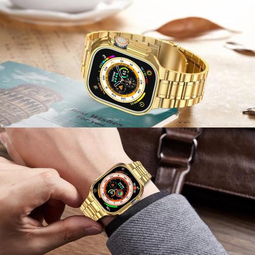MioHHR Solid Stainless Steel Band Compatible with Apple Watch 49mm Ultra 3/2/1, Metal Strap with Soft TPU Case for iWatch Series Ultra 3/2/1 49mm Women and Men, Gold***
