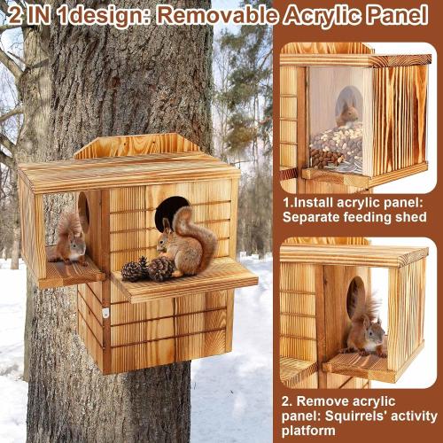 2in1 Large Squirrel Family House with Feeder and Predator Guard for Outside with Multi Platform Wooden Squirrel Nesting Box for Breeding Living, Year-Round Shelter and Nesting Place