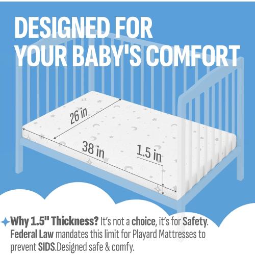 Pack n Play Mattresses (38x26x1.5) Bamboo Cover,Breathable,0 Waterproof,Non-Toxic,Washable I Dual-Sided Gel Memory Foam I Toddler&Baby Pack and Play Mattress Pad Fits Playard&Playpen