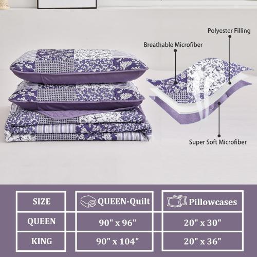 Mybedsoul Purple Quilt Set King Size Quilt Bedding Set Brown Plaid,3 Pieces Floral Patchwork Reversible Bedspread Coverlet Set for All Season,Soft Microfiber Bedding Set King 90x104