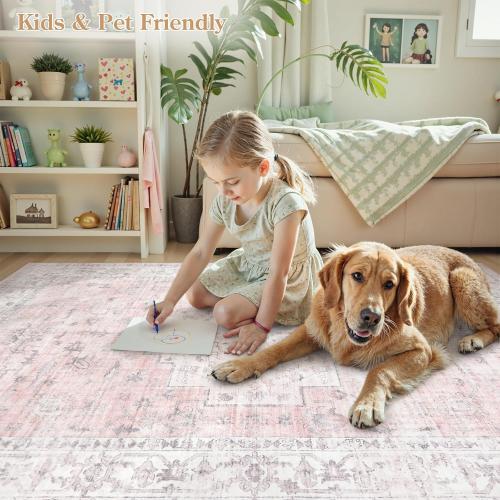 LIVEBOX Pink 8x10 Area Rug for Bedroom Girls, Boho Washable Rugs for Living Room Nursery, Non-Slip Indoor Soft Carpet Low-Pile Farmhouse Carpets for Dining Room Kids Playroom, Pink