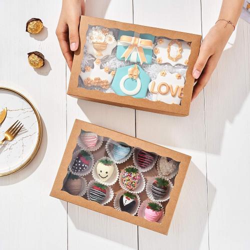 50PCS 10 x 7 x 2.5 inches One Piece Brown Bakery Boxes, Cookie Boxes, Natural Kraft Brown Strawberry Boxes with Display Window