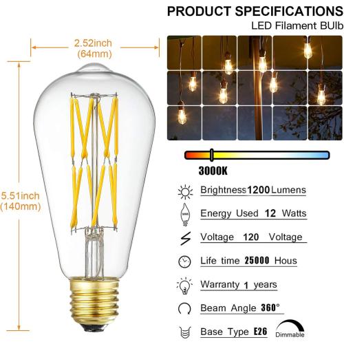 LED Edison Bulb Dimmable 12W 3000K Soft White 1200LM, 100W Equivalent E26 Medium Base, ST64 Vintage LED Bulbs, 360 Degree Beam Angle, Clear Glass, Pack of 4.