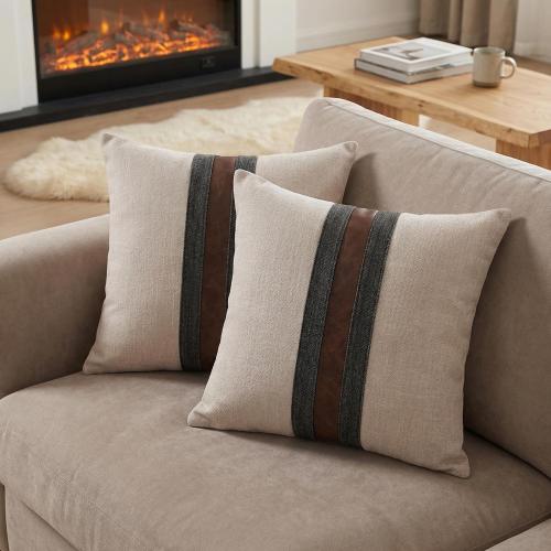 Set of 2 Leather Throw Pillow Covers Cotton Linen Decor Patchwork Pillow Cover Faux Leather Pillows Cover for Couch Sofa Living Room Bedroom,Beige 24x24