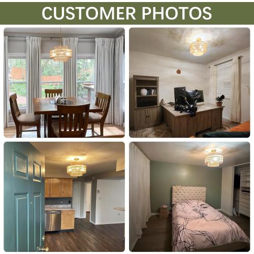 4-Light Boho Rattan Chandelier Light Fixture, 17.7” Hand Woven Rustic Chandeliers Farmhouse Chandelier Hanging Light for Dining Room Kitchen Island, Living Room, Foyer