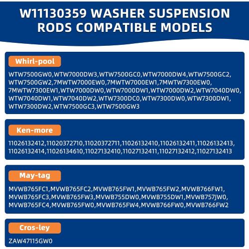 W11130359 MVWB765FW3 MVWB765FW4 WTW7500GC2 Washer Suspension Rod Kit Compatible for Whirl.pool May.tag Ken.more Cros.ley 7MWTW7000EW0 7MWTW7300EW0 MVWB765FW4 MVWB765FW3-BY MIFLUS