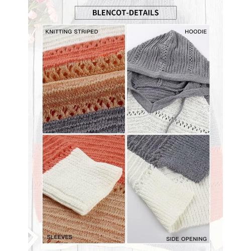 Size Small Color Striped BLENCOT Women Color Block Hooded Crochet Striped Sweaters Lightweight Drawstring Hoodies Pullover Trendy Sweatshirts