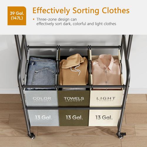 Laundry Sorter 3 Section,Laundry Hamper Cart with Hanging Rack & Removable Bags,Heavy Duty Laundry Basket Organizer with Wheels & 2 Tier Shelf,3 Colors