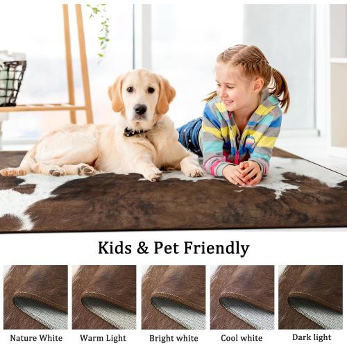 Foxmas Cow Print Rugs for Living Room Bedroom, 8x10 Washable Non-Slip Low Pile Indoor Floor Rug, Carpet for Dining Room Kitchen Office Western Home Decor, Brown