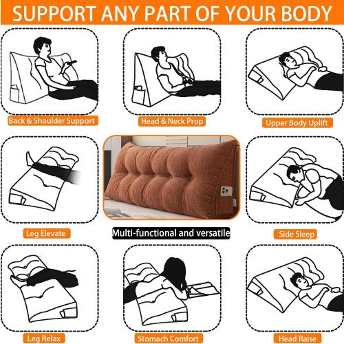 King Size Headboard Pillow King Wedge Pillow Headboard,with Removable Cover and Two Large Side Pockets,for Beds, Sofas, Floors, Etc.Especially for Sitting or Reading in Bed(Cloud Orange)