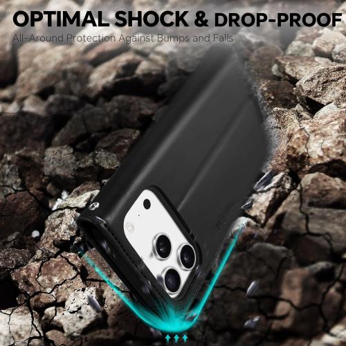 TUCCH 2-in-1 Detachable Wallet Case for iPhone 17 Pro (6.3-inch) 2025, Wireless Charging | RFID Blocking 4 Card Holder | Wrist Strap | Kickstand | Magnetic | PU Leather | Protective Flip Cover | Black