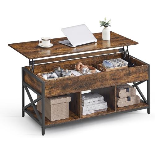 VASAGLE Lift Top Coffee Table, Lift Coffee Table with Storage Shelf, Hidden Compartments and Lifting Top, for Living Room, Office, 19.7 x 47.2 x (19.3-24.4) Inches, Rustic Brown and Black ULCT212B01