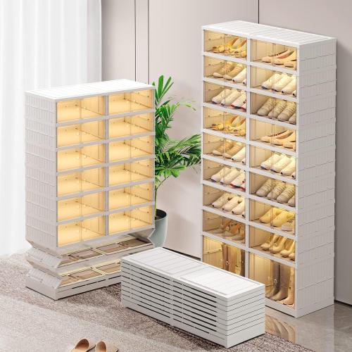 White 9-Tier Foldable Shoe Rack Organizer for Closet,36Pairs Collapsible Plastic Shoe Shelf,Large Shoes Cabinet with Door,Clear Stackable Storage Box Easy Assembly
