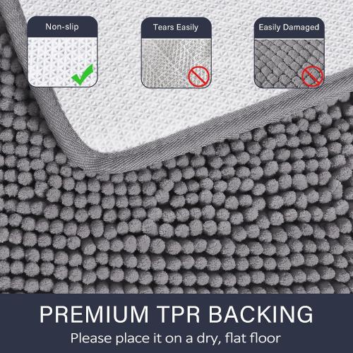 Bathroom Rug Shaggy Bath MatbWashable Non Slip Bath Rugs for Bathroom Shower, Soft Plush Chenille Absorbent Carpets Mats, Gray