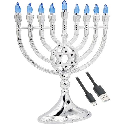 The Dreidel Company Traditional LED Electric Silver Mettalic Hanukkah Menorah -Full Size 13 Inches High 3 AA Battery or USB Powered - Includes a Micro USB 4' Charging Cable