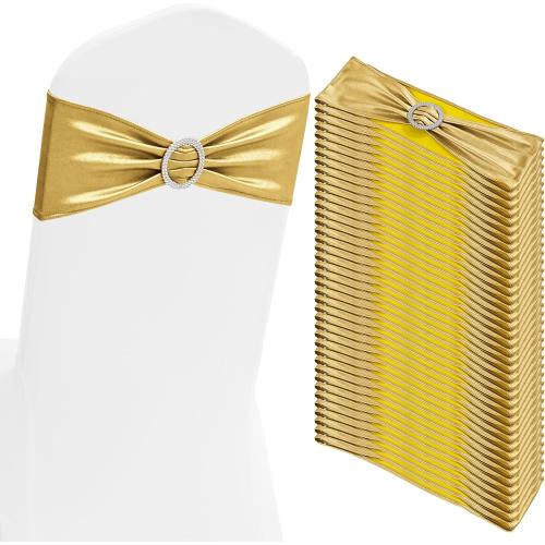 100 PCS Spandex Chair Sashes Bows Premium Stretch Chair Cover Band with Buckle Slider Universal Elastic Chair Ties for Wedding Party Ceremony Events Reception Banquet Decoration (Metallic Gold)