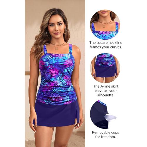 LARGE Womens Two Piece Tankini Bathing Suits with Skirt Tummy Control Swimsuits Ladies Swimwear