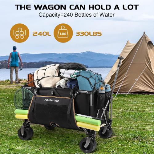 Collapsible Wagon Cart Outdoor 8.48 Cubic Feet Folding Utility Wagon 330 lbs Capacity Heavy Duty Beach Wagon with Big Wheels for Camping Beach Garden