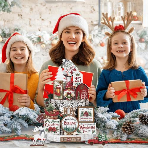 Holiday Tiered Tray Decor Christmas Tiered Tray Decorations Set Truck Wooden Signs Farmhouse Table Decorations for Home Table Shelf (Wonderful)