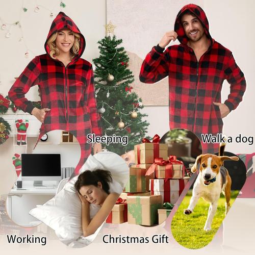 Size 2XL Red Plaid Lightweight Fleece Onesie Pajamas, Hooded Printed Zipper Pjs Set for Women & Men Christmas Sleepwear Warm