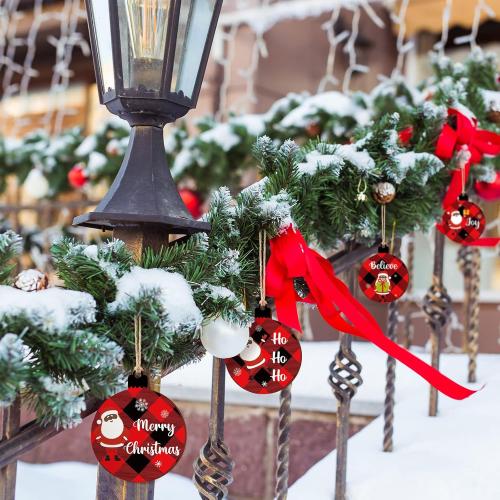 36 Pieces Black Santa African American Christmas Tree Wood Ornaments - Farmhouse Round Hanging Wishes Crafts - Buffalo Plaid Ornament for Holiday Party Wedding