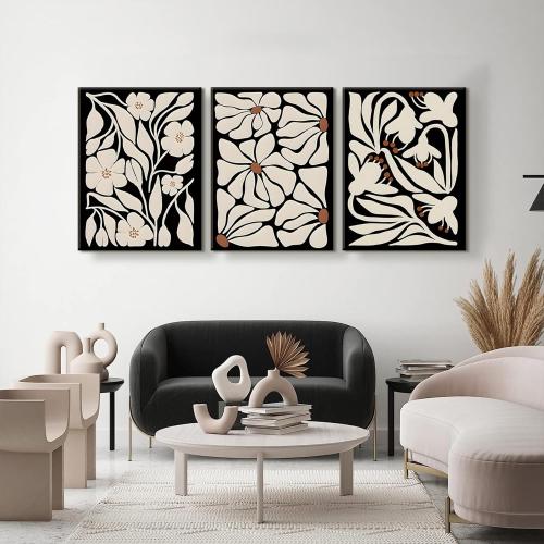 QGNBGBJ Framed Black Boho Flowers Plant Wall Art Abstract Botanical Flower Canvas Poster Vintage Bohemian Neutral Floral Prints Wall Decor Trendy Black Beige Floral Set for Girl Bedroom