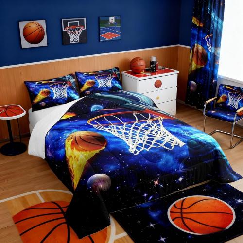 Castle Fairy Basketball Comforter Set Twin Size,Basketball Hoop Duvet Insert for Kid Teen Boys Girls Room Decor,Galaxy Planet Quilted Duvet,Outer Space Quilt Cover with 1 Pillowcase
