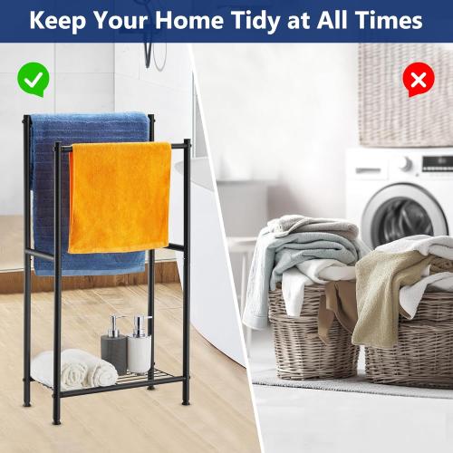 Free Standing Towel Rack, 2 Tier Towel Racks for Bathroom with Storage Shelves, Modern Outdoor Standing Towel Drying Rack for Poolside, Black Blanket Rack Holder, DECLUTTR