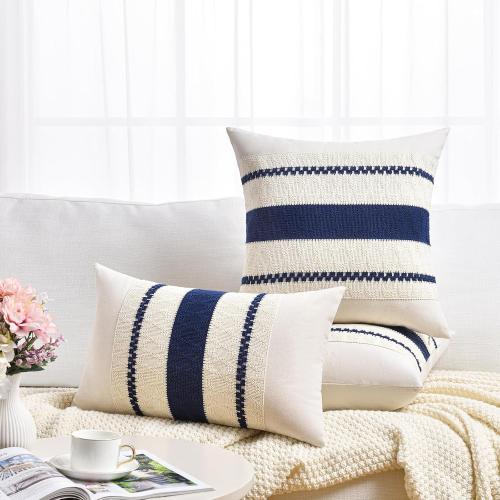 Fancy Homi Set of 2 Navy Blue Decorative Throw Pillow Covers 18x18 Inch for Couch Bed Sofa Living Room Office, Aesthetic Modern Organic Farmhouse Home Decor, Soft Cotton Woven Textured Cushion Case