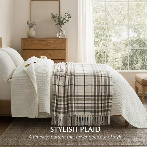 EVERGRACE Plaid Chenille Throw Blanket for Couch, Super Soft Cozy Decorative Farmhouse Plaid Throw with Tassels, Lightweight Chenille Knit Throw for Bed Sofa Gift Home Decor, Beige 50”x60”