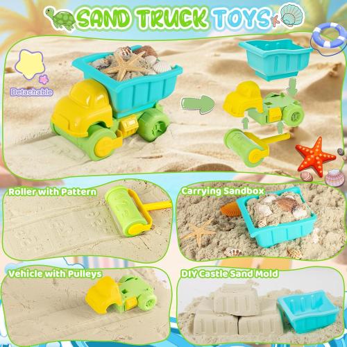 Upgraded Kids Turtle Sandbox with Lid & Adjustable Umbrella, Truck Toy & 8pcs Sand Shovels, Sand Box with Cover, Beach Toys for Toddlers 3-5, Plastic Indoor Outdoor Play Toys Gift for Girls Boys