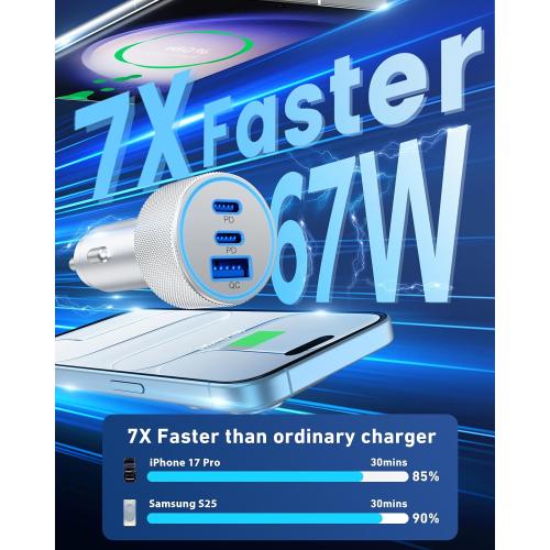 67W 3-Port Super Fast Type C Car Charger USB C for iPhone 17/Air/16/16e/15 Pro Max, Samsung Galaxy S25 S24 S23, Pixel, Android, Car Adapter Accessories for Men Women   3FT USB-C Cable Silver