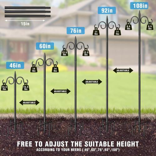 Double Shepherds Hooks for Outdoor, 108 Inch Heavy Duty Bird Feeder Pole with 5 Prongs Base, Adjustable Shepherds Hook for Bird Feeder, Garden, Weddings, Hanging Plant, 1 Pack