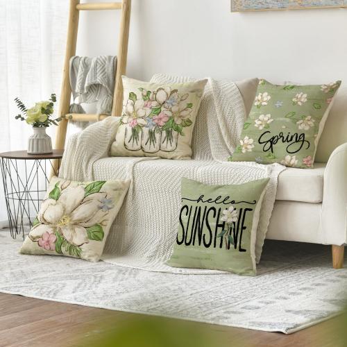 AVOIN colorlife Spring Mangnolia Green Throw Pillow Covers, 18 x 18 Inch Hello Sunshine Vases Cushion Case Decoration for Sofa Couch Set of 4