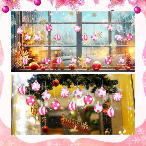 Lenwen 54 Pcs Christmas Balls Ornaments Mini Pink and White Christmas Tree Ornaments Xmas Striped Dots Shatterproof Plastic Hanging Ornaments for Tree Holiday Party Christmas Decorations, 1.18inch