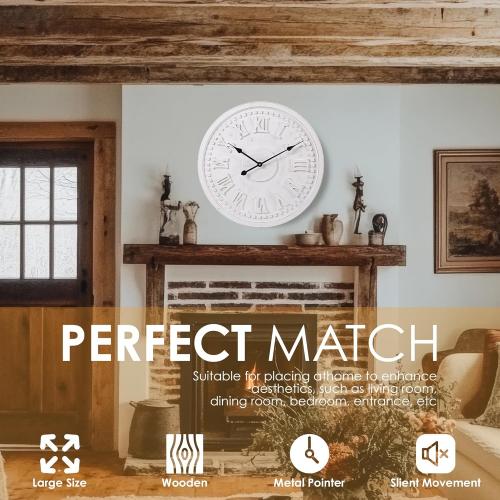 Vintage Wall Clock with Roman Numerals – 24, 30, 36 – Quartz Movement, Black Hands, Distressed Finish, MDF Wood Veneer – Elegant Home Decor