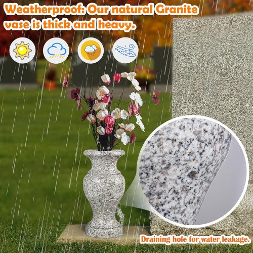 Cemetery Vase, Turned Granite Vase Polished, Memorial Stone Vases with Draining Holes for Home Tabletop, Cemetery Flowers, Grave Headstone Decorations (1pc, Grey)