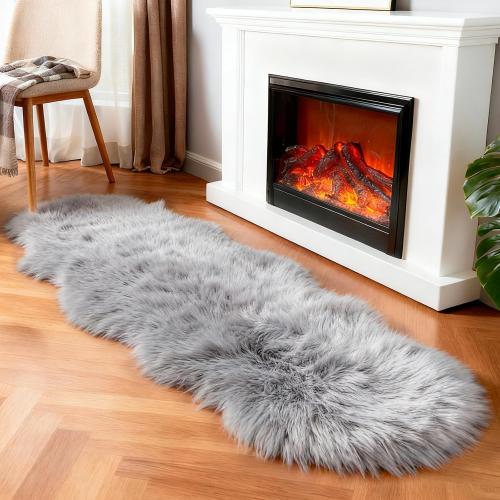 linmopm Faux Fur Sheepskin Rug, Grey, Small Runner | Shag Fluffy Fuzzy, High-Density Cushion, For Bedroom Bedside Living Room, Plush Carpet, Sofa Cover