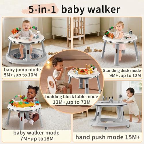 5-in-1 Musical Light Baby Walker, Featuring a Unique Building Block Table Mode, Standing Table, Bouncer, and Stroller Modes. Sturdy Construction with Adjustable Height, Suitable for Babies 6 Months