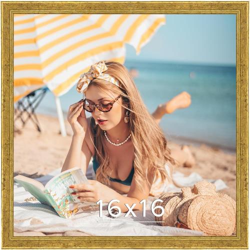Wood 16x16 Frame Gold, Ornate Natural 16x16in Poster Picture Frame, Modern Golden 16 x 16inch Gallery Wall Photo Frame with HD Plexiglass, Horizontal Vertical Wall Mounting Display 1pcs