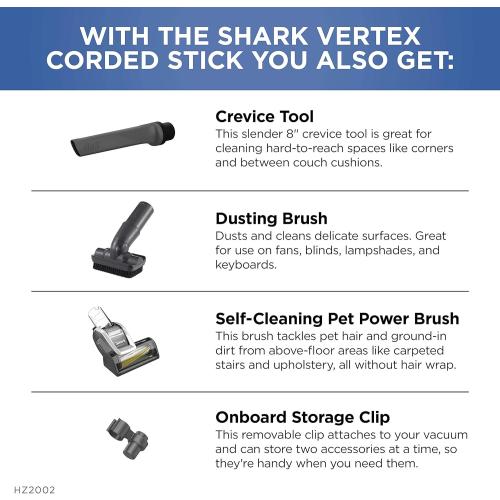 Shark | Corded Stick Vacuum Cleaner | Vertex Ultralight | Removable Handheld Vacuum | Pet Hair Vacuum for Carpet and Hard Floor | Powerful Suction | No Hair Wrap | 3 Attachments Included | HZ2002