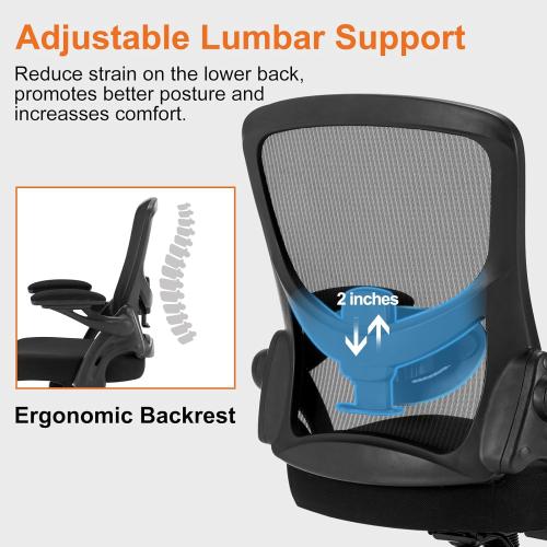 Office Chair, Ergonomic Computer Desk Chair with Adjustable Lumbar Support Comfy Breathable Mesh Chair with Flip-up Arms, Mid Back Swivel Executive Task Chair for Home Office 300lbs, Black