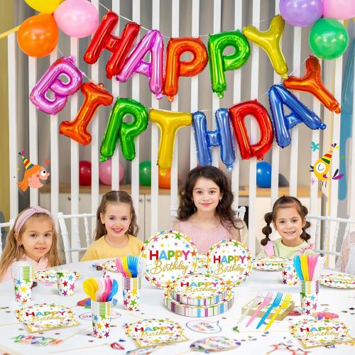 Meanplan Serves 24 Guests Happy Birthday Plates and Napkins Rainbow Star Birthday Tableware Set Rainbow Happy Party Decorations for Kids Included Cups Knives Forks Spoons Total 168 Pcs