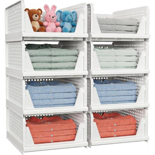 4 Pack Stackable Closet Storage Basket - Stackable Storage Bins, Multifunctional & Foldable Closet Organizer Divided, Wardrobe Cupboard Space-Saving Clothes Storage Hat Organizer, White