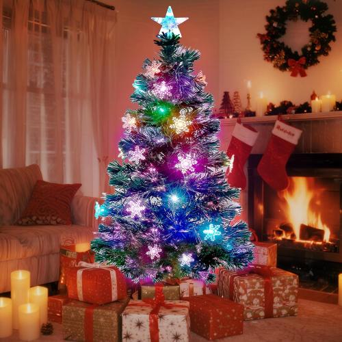Prsildan 5 FT Artificial Christmas Tree, Pre-Lit Optical Fiber Xmas Trees with Multicolor LED Lights, Snowflakes & Top Star, Lighted Christmas Tree Holiday Home Decor